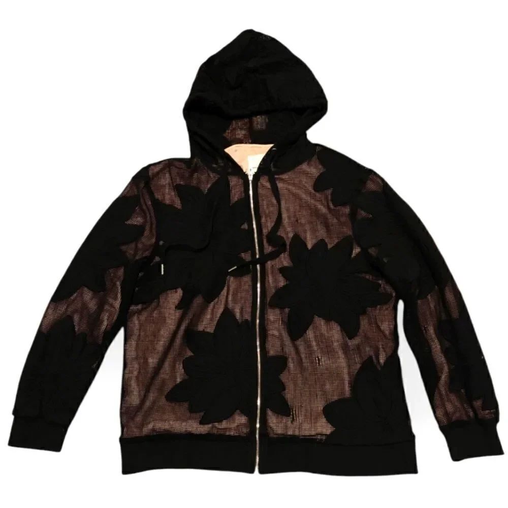 Avec Les Filles Black lac mesh overlay zip hood bomber jacket size XL